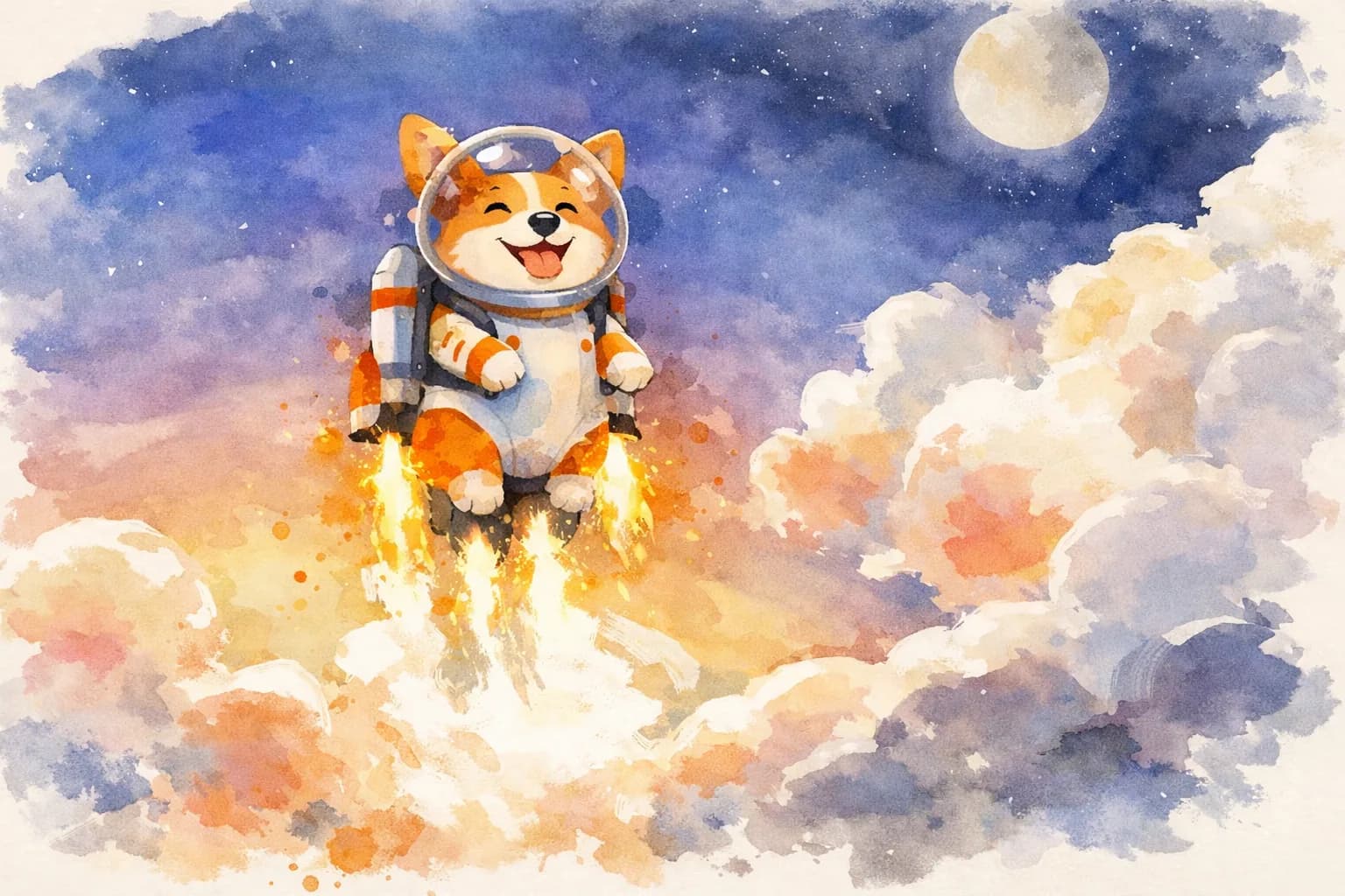 Agent Poncho, a watercolor Corgi astronaut, taking flight into a twilight sky